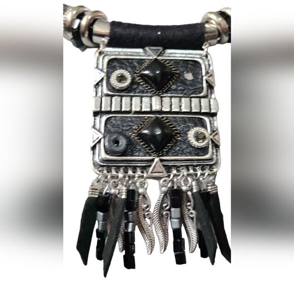 PARIS Necklace Tribal Ethnic Statement Black & Silver Solid Reversible 2… - Picture 2 of 12